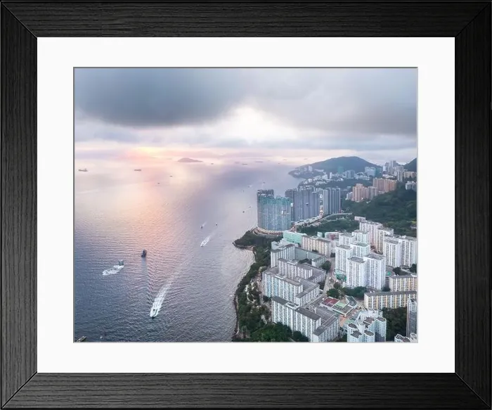 Framed Print : amazing drone shot of sunset in Aberdeen, Hong Kong. Famous tourist location and combining old and residential area Framed Print : amazing drone shot of sunset in Aberdeen, Hong Kong. Famous tourist location and combining old and residential area