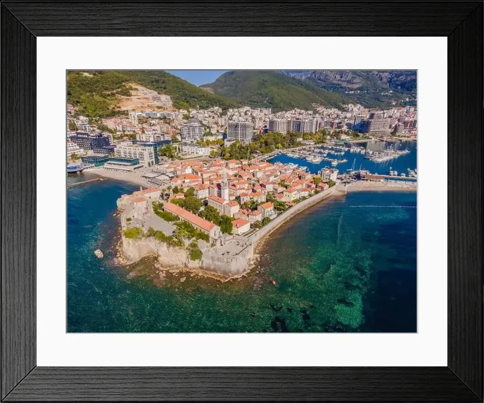 Framed Print : Old town in Budva in a beautiful summer day, Montenegro. Aerial image. Top view Framed Print : Old town in Budva in a beautiful summer day, Montenegro. Aerial image. Top view