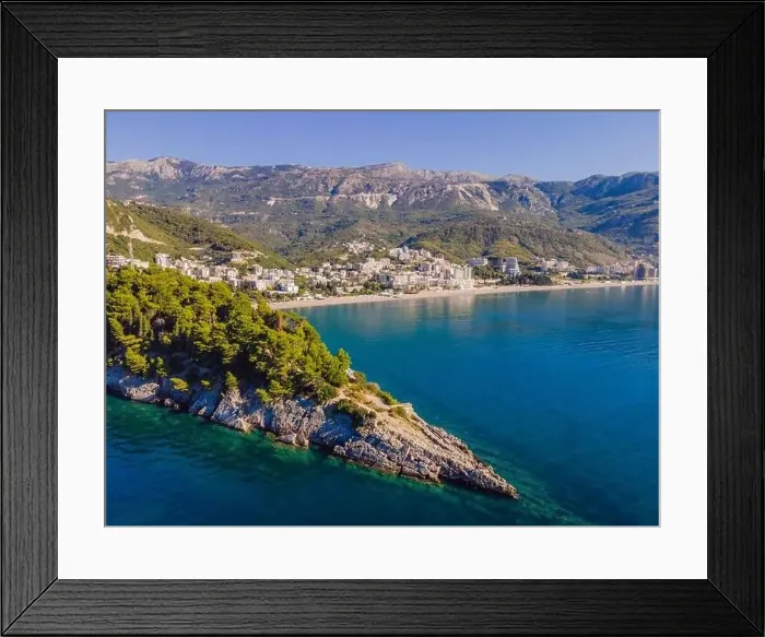 Framed Print : Aerophotography. View from flying drone. Panoramic cityscape of Budva, Montenegro. Top View. Beautiful destinations Framed Print : Aerophotography. View from flying drone. Panoramic cityscape of Budva, Montenegro. Top View. Beautiful destinations