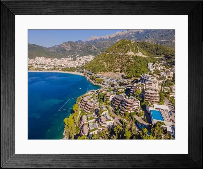 Framed Print : Aerophotography. View from flying drone. Panoramic cityscape of Budva, Montenegro. Top View. Beautiful destinations