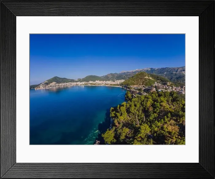 Framed Print : Aerophotography. View from flying drone. Panoramic cityscape of Budva, Montenegro. Top View. Beautiful destinations
