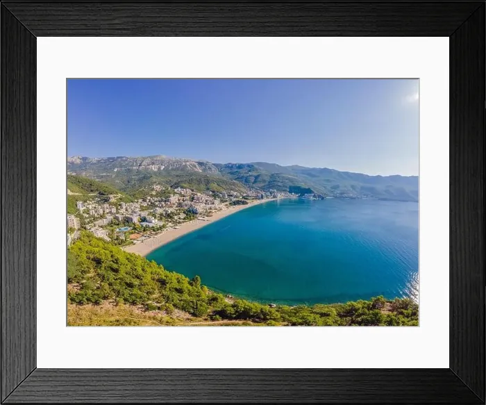 Framed Print : Aerophotography. View from flying drone. Panoramic cityscape of Budva, Montenegro. Top View. Beautiful destinations