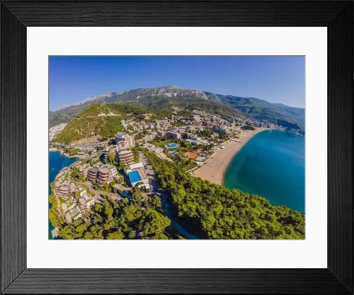 Framed Print : Aerophotography. View from flying drone. Panoramic cityscape of Budva, Montenegro. Top View. Beautiful destinations