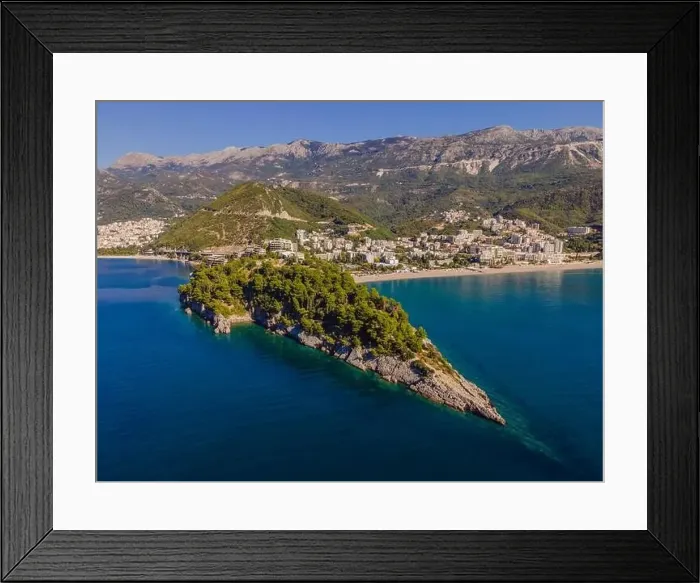 Framed Print : Aerophotography. View from flying drone. Panoramic cityscape of Budva, Montenegro. Top View. Beautiful destinations