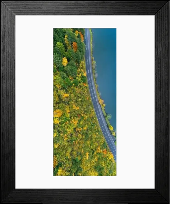 Framed Print : The road along the lake. Forest. Aerial view. Vertical panorama Framed Print : The road along the lake. Forest. Aerial view. Vertical panorama