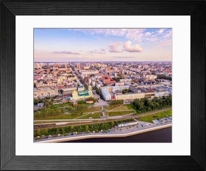 Framed Print : Aerial top view panorama city Perm and central embankment of Kama river Russia, sunset drone photo Framed Print : Aerial top view panorama city Perm and central embankment of Kama river Russia, sunset drone photo