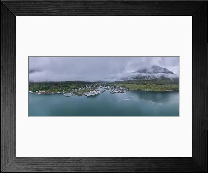 Framed Print : Beautiful aerial view of the town of Seydisfjordur and its Blue church and rainbow street, pier and cruise ships Framed Print : Beautiful aerial view of the town of Seydisfjordur and its Blue church and rainbow street, pier and cruise ships