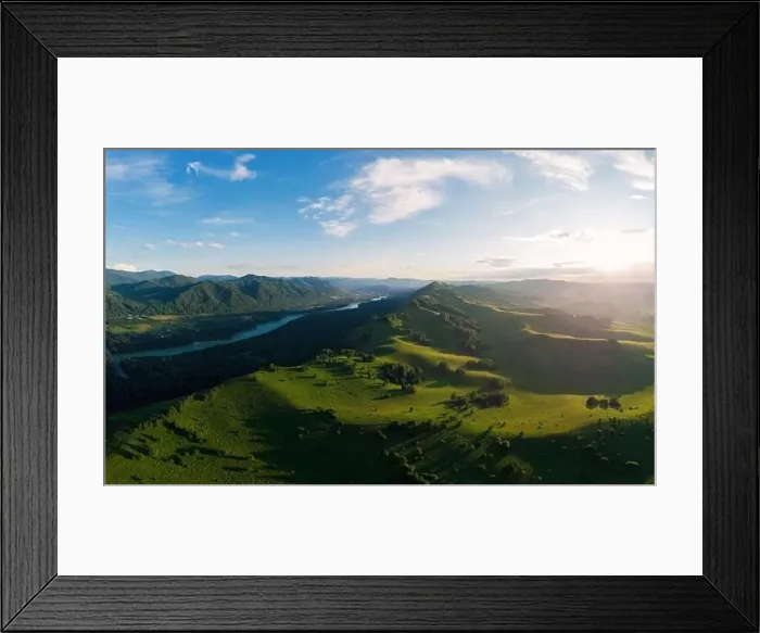 Framed Print : Aerial Panorama drone shot of beauty dawn on the peak, in the mountains in Altay, summertime Framed Print : Aerial Panorama drone shot of beauty dawn on the peak, in the mountains in Altay, summertime