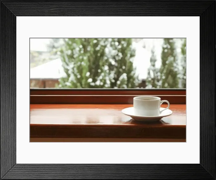 Framed Print : Cup of tea stands on wooden windowsill Framed Print : Cup of tea stands on wooden windowsill