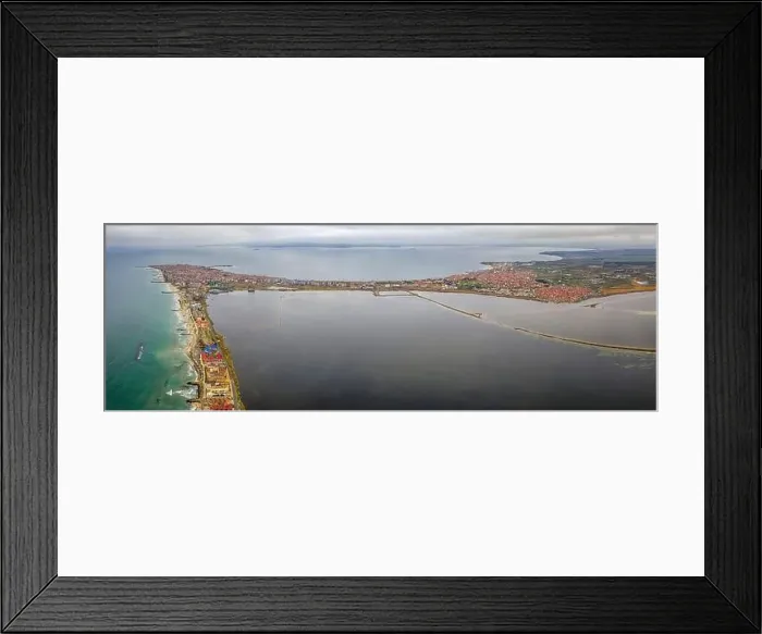 Framed Print : Amazing aerial panorama from drone to Pomorie city on the Bulgarian Black Sea coast Framed Print : Amazing aerial panorama from drone to Pomorie city on the Bulgarian Black Sea coast