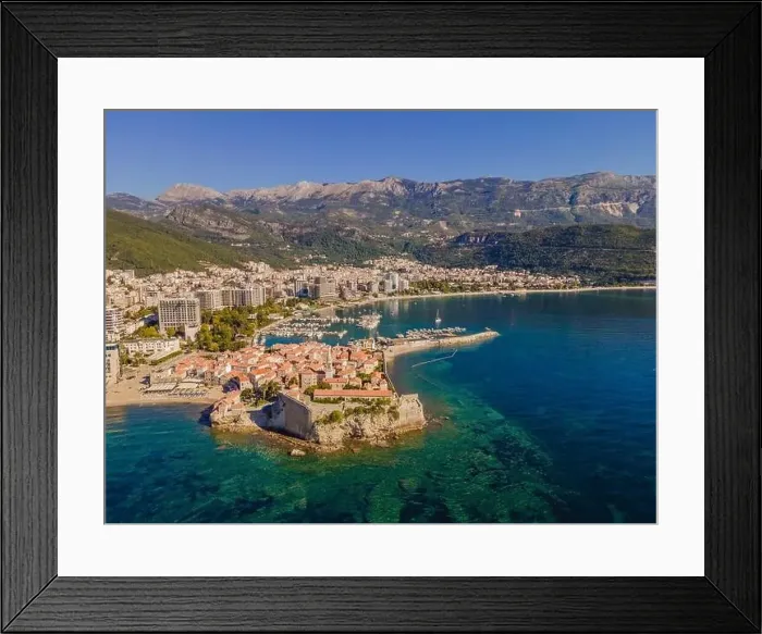 Framed Print : Old town in Budva in a beautiful summer day, Montenegro. Aerial image. Top view Framed Print : Old town in Budva in a beautiful summer day, Montenegro. Aerial image. Top view