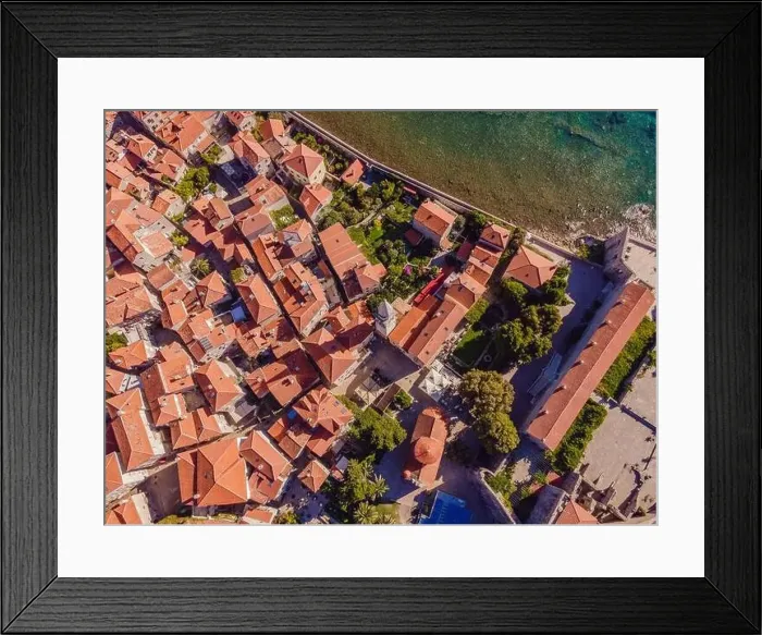 Framed Print : Old town in Budva in a beautiful summer day, Montenegro. Aerial image. Top view Framed Print : Old town in Budva in a beautiful summer day, Montenegro. Aerial image. Top view
