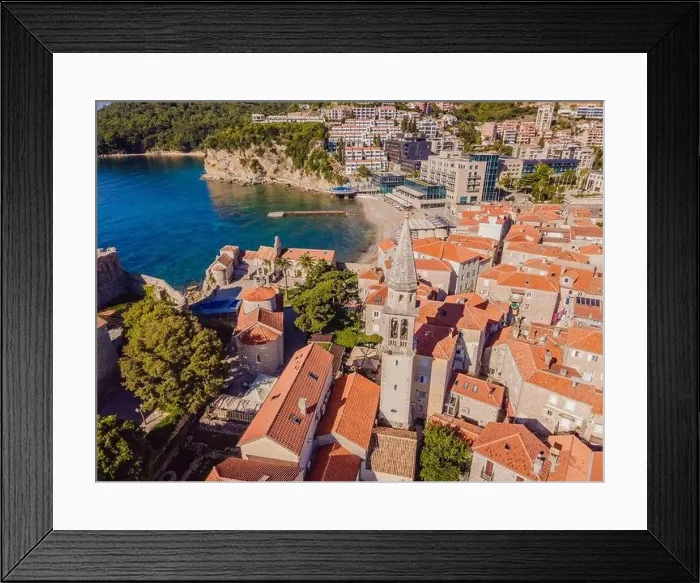 Framed Print : Old town in Budva in a beautiful summer day, Montenegro. Aerial image. Top view Framed Print : Old town in Budva in a beautiful summer day, Montenegro. Aerial image. Top view