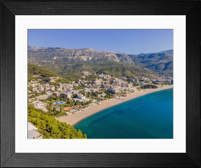Framed Print : Aerophotography. View from flying drone. Panoramic cityscape of Budva, Montenegro. Top View. Beautiful destinations