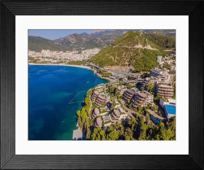 Framed Print : Aerophotography. View from flying drone. Panoramic cityscape of Budva, Montenegro. Top View. Beautiful destinations Framed Print : Aerophotography. View from flying drone. Panoramic cityscape of Budva, Montenegro. Top View. Beautiful destinations