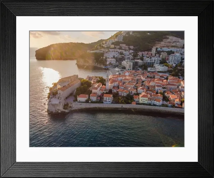 Framed Print : Old town in Budva in a beautiful summer day, Montenegro. Aerial image. Top view Framed Print : Old town in Budva in a beautiful summer day, Montenegro. Aerial image. Top view