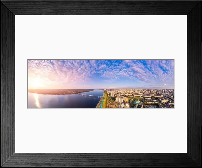 Framed Print : Aerial top view panorama city Perm and central embankment of Kama river Russia, sunset drone photo Framed Print : Aerial top view panorama city Perm and central embankment of Kama river Russia, sunset drone photo