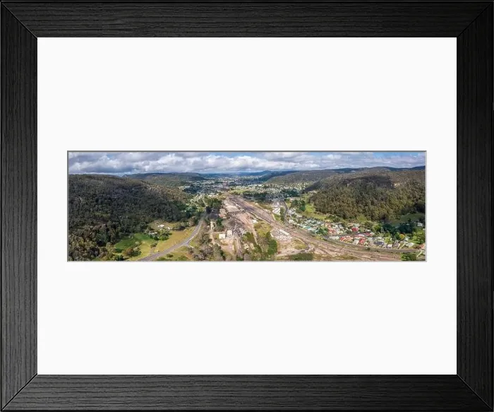 Framed Print : Drone aerial panoramic photograph of the Lithgow Train maintenance facility in the Central Tablelands in the Blue Framed Print : Drone aerial panoramic photograph of the Lithgow Train maintenance facility in the Central Tablelands in the Blue