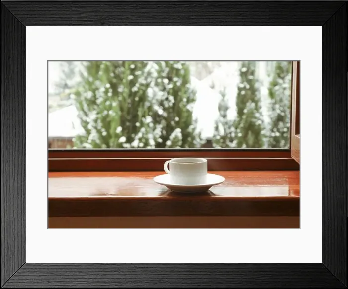 Framed Print : Cup of tea stands on wooden windowsill Framed Print : Cup of tea stands on wooden windowsill