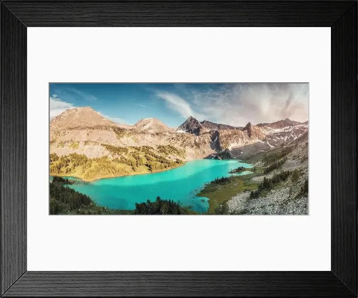 Framed Print : Atmospheric and moody aerial drone point of view of turquoise Krepkoe Lake at sunset