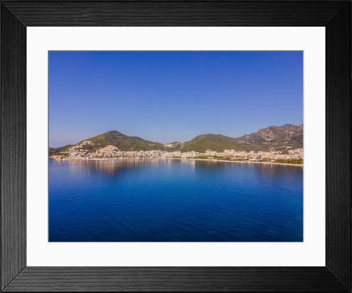 Framed Print : Aerophotography. View from flying drone. Panoramic cityscape of Budva, Montenegro. Top View. Beautiful destinations Framed Print : Aerophotography. View from flying drone. Panoramic cityscape of Budva, Montenegro. Top View. Beautiful destinations