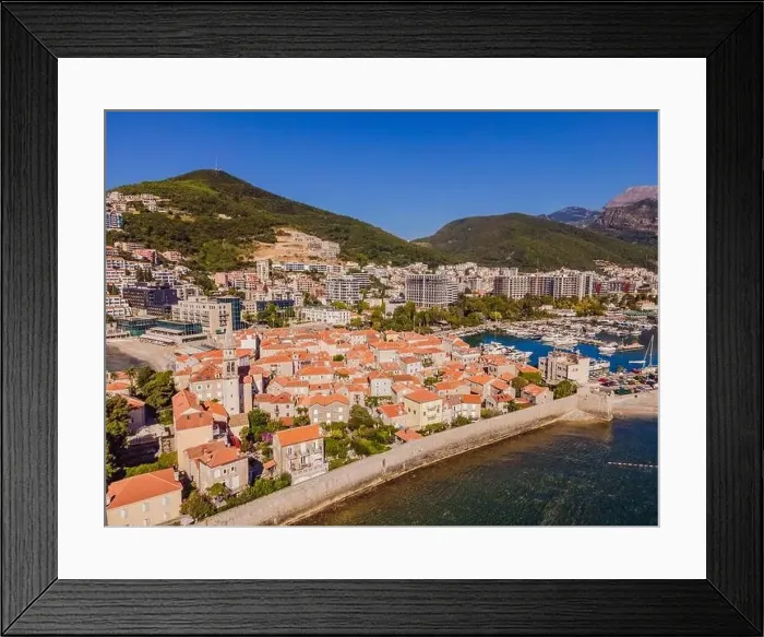 Framed Print : Old town in Budva in a beautiful summer day, Montenegro. Aerial image. Top view Framed Print : Old town in Budva in a beautiful summer day, Montenegro. Aerial image. Top view