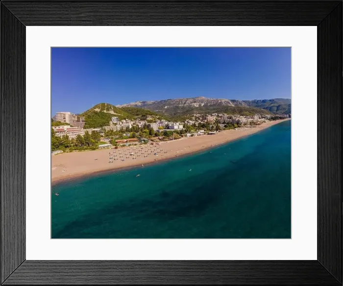 Framed Print : Aerophotography. View from flying drone. Panoramic cityscape of Budva, Montenegro. Top View. Beautiful destinations