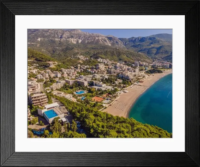 Framed Print : Aerophotography. View from flying drone. Panoramic cityscape of Budva, Montenegro. Top View. Beautiful destinations Framed Print : Aerophotography. View from flying drone. Panoramic cityscape of Budva, Montenegro. Top View. Beautiful destinations
