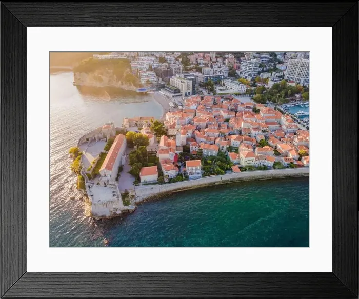 Framed Print : Old town in Budva in a beautiful summer day, Montenegro. Aerial image. Top view Framed Print : Old town in Budva in a beautiful summer day, Montenegro. Aerial image. Top view
