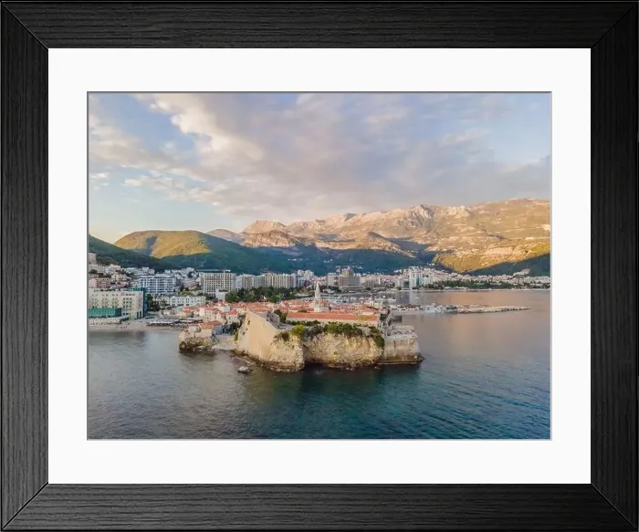 Framed Print : Old town in Budva in a beautiful summer day, Montenegro. Aerial image. Top view Framed Print : Old town in Budva in a beautiful summer day, Montenegro. Aerial image. Top view