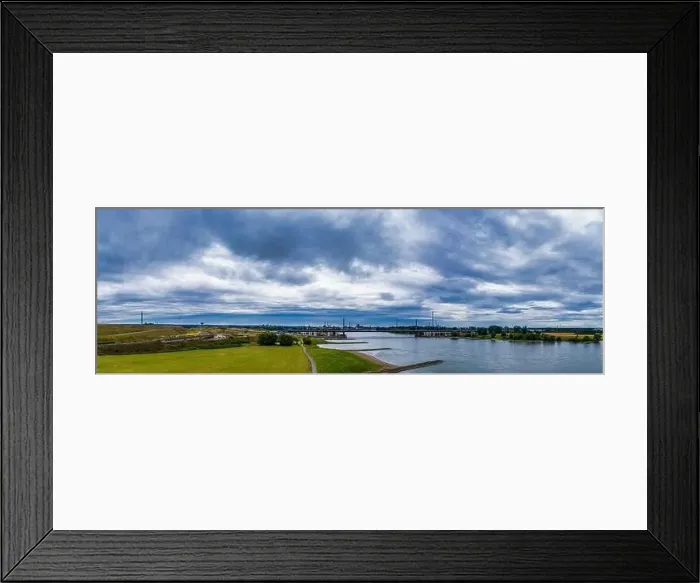 Framed Print : Panoramic view of the Rhine and the A1 motorway bridge near Leverkusen Framed Print : Panoramic view of the Rhine and the A1 motorway bridge near Leverkusen