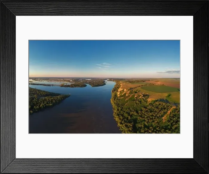 Framed Print : Aerial drone view of river landscape in sunny summer evening Framed Print : Aerial drone view of river landscape in sunny summer evening