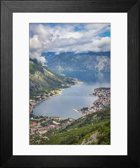Framed Print : Aerial view of Kotor Bay from above the clouds, Montenegro Framed Print : Aerial view of Kotor Bay from above the clouds, Montenegro