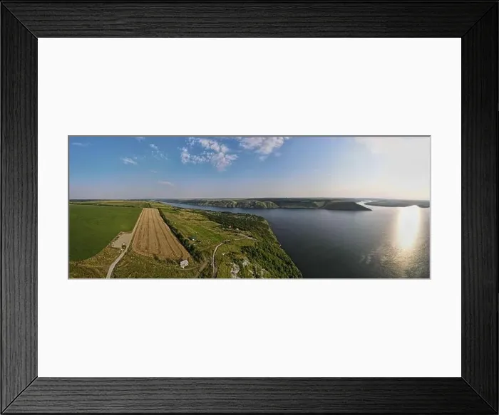 Framed Print : Panorama Aerial view from flying drone of Bakota Bay on Dnister river Framed Print : Panorama Aerial view from flying drone of Bakota Bay on Dnister river