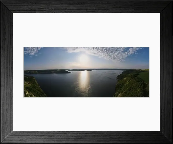 Framed Print : Panorama Aerial view from flying drone of Bakota Bay on Dnister river Framed Print : Panorama Aerial view from flying drone of Bakota Bay on Dnister river