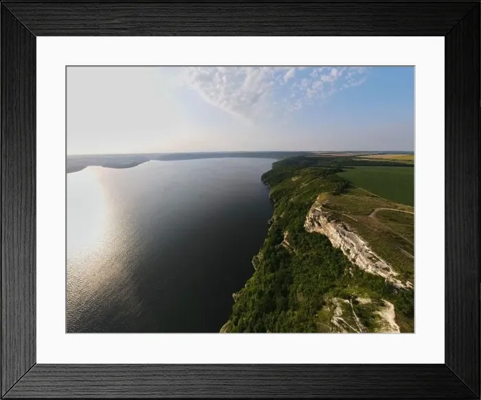 Framed Print : Aerial view from flying drone of Bakota Bay on Dnister river Framed Print : Aerial view from flying drone of Bakota Bay on Dnister river