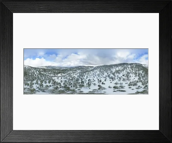 Framed Print : Drone aerial scenery of mountain snowy forest landscape covered in snow. Wintertime photograph Framed Print : Drone aerial scenery of mountain snowy forest landscape covered in snow. Wintertime photograph
