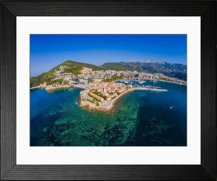 Framed Print : Old town in Budva in a beautiful summer day, Montenegro. Aerial image. Top view Framed Print : Old town in Budva in a beautiful summer day, Montenegro. Aerial image. Top view