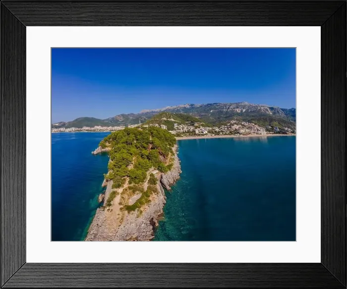 Framed Print : Aerophotography. View from flying drone. Panoramic cityscape of Budva, Montenegro. Top View. Beautiful destinations Framed Print : Aerophotography. View from flying drone. Panoramic cityscape of Budva, Montenegro. Top View. Beautiful destinations