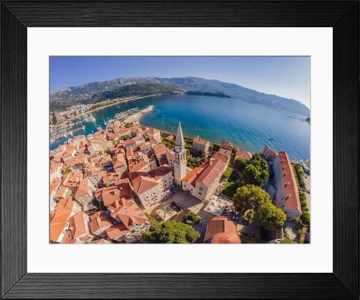 Framed Print : Old town in Budva in a beautiful summer day, Montenegro. Aerial image. Top view Framed Print : Old town in Budva in a beautiful summer day, Montenegro. Aerial image. Top view