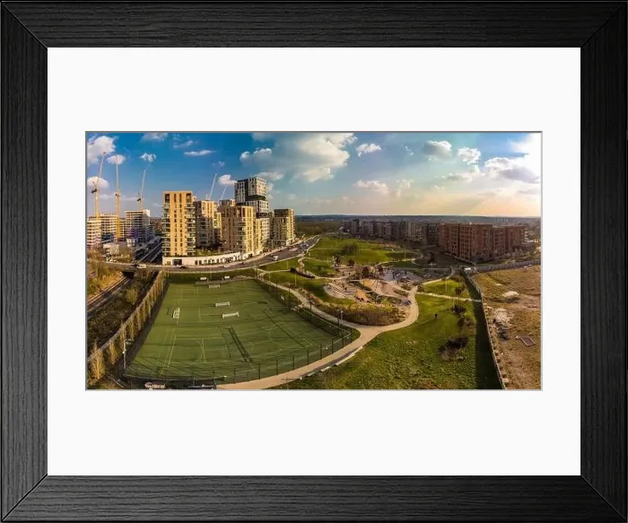 Framed Print : Aerial drone panoramic image of Kidbrooke Village, London, UK Framed Print : Aerial drone panoramic image of Kidbrooke Village, London, UK