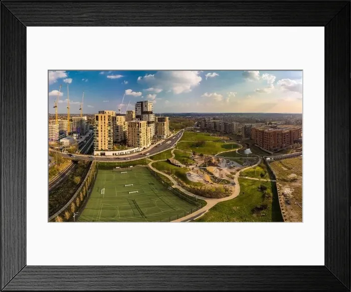 Framed Print : Aerial drone panoramic image of Kidbrooke Village, London, UK Framed Print : Aerial drone panoramic image of Kidbrooke Village, London, UK