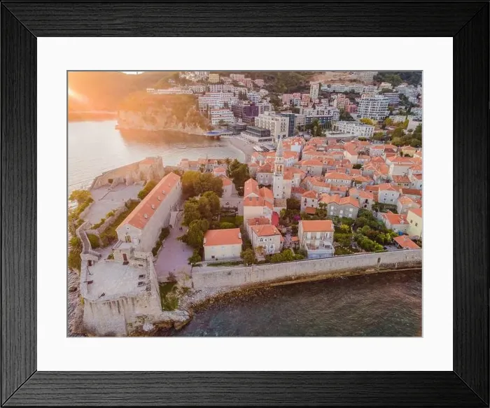 Framed Print : Old town in Budva in a beautiful summer day, Montenegro. Aerial image. Top view Framed Print : Old town in Budva in a beautiful summer day, Montenegro. Aerial image. Top view