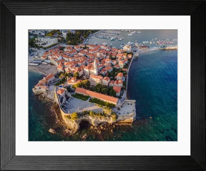Framed Print : Old town in Budva in a beautiful summer day, Montenegro. Aerial image. Top view Framed Print : Old town in Budva in a beautiful summer day, Montenegro. Aerial image. Top view