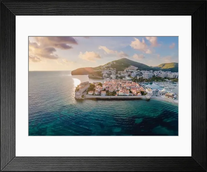 Framed Print : Old town in Budva in a beautiful summer day, Montenegro. Aerial image. Top view Framed Print : Old town in Budva in a beautiful summer day, Montenegro. Aerial image. Top view