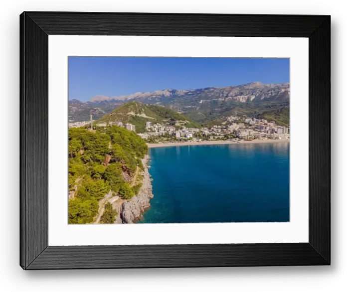 Framed Print : Aerophotography. View from flying drone. Panoramic cityscape of Budva, Montenegro. Top View. Beautiful destinations Framed Print : Aerophotography. View from flying drone. Panoramic cityscape of Budva, Montenegro. Top View. Beautiful destinations