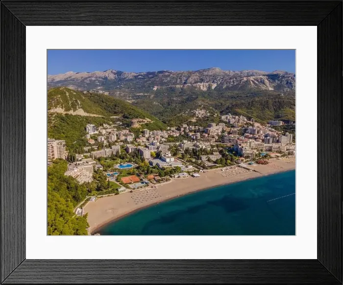 Framed Print : Aerophotography. View from flying drone. Panoramic cityscape of Budva, Montenegro. Top View. Beautiful destinations Framed Print : Aerophotography. View from flying drone. Panoramic cityscape of Budva, Montenegro. Top View. Beautiful destinations