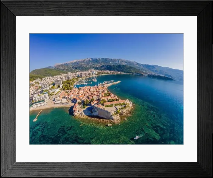 Framed Print : Old town in Budva in a beautiful summer day, Montenegro. Aerial image. Top view Framed Print : Old town in Budva in a beautiful summer day, Montenegro. Aerial image. Top view