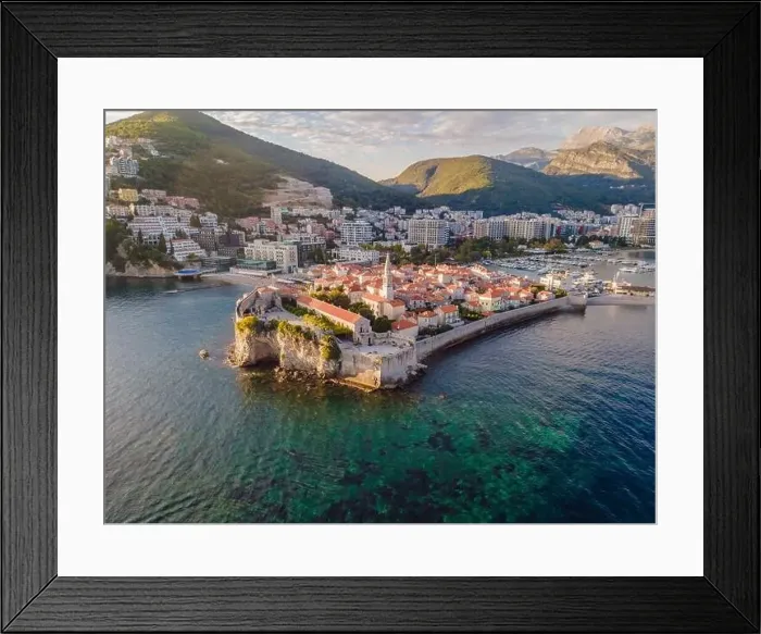 Framed Print : Old town in Budva in a beautiful summer day, Montenegro. Aerial image. Top view Framed Print : Old town in Budva in a beautiful summer day, Montenegro. Aerial image. Top view