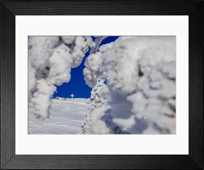 Framed Print : Winter Landscape of frozen worship cross mountain with blue sky Kemerovo region Russia, aerial top view Framed Print : Winter Landscape of frozen worship cross mountain with blue sky Kemerovo region Russia, aerial top view